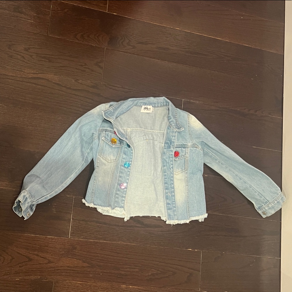 Lola + The Boys Evil Eye Blue Denim Jacket with Embroidered Details sz 8